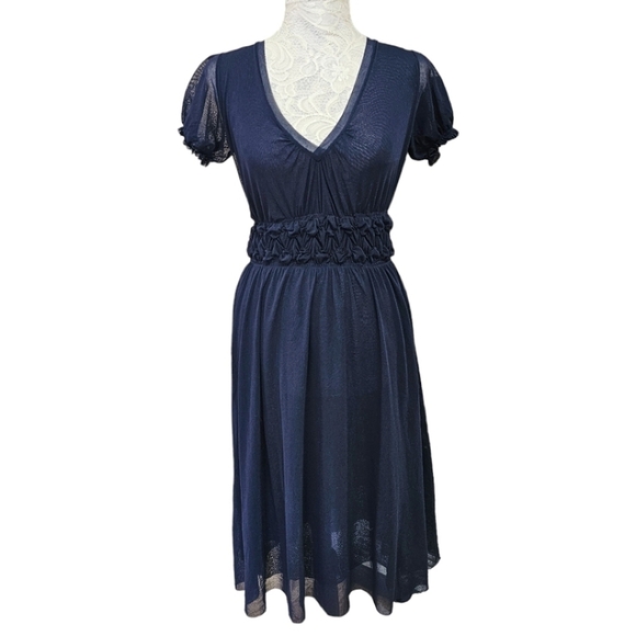 Jean Paul Gaultier Dress Vintage 90s Navy Blue V-Neck Layered Mesh Y2K Medium - Picture 2 of 14